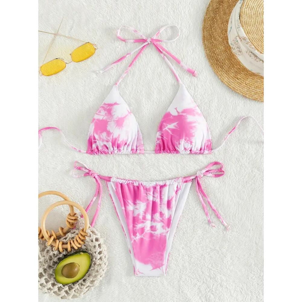 NEW White and Pink Tie Dye Thong Micro String Bikini Size SMALL